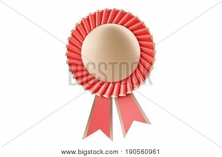 Red rosette winning award prize medal or badge with ribbons. 3D rendering isolated on white background