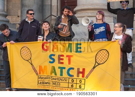 Adelaide, AU - June 10, 2017: South Australians gather at Parliament House and Rundle Mall to protest Trump's assumed support for laws discriminating against LGBTI people in the name of religious freedom.