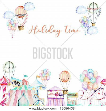 Card template with watercolor elements of amusement park, hand drawn isolated on a white background, carousels, aerostats, air balloons and other