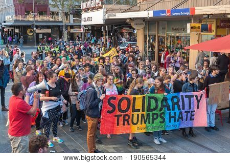 Adelaide, AU - June 10, 2017: South Australians gather at Parliament House and Rundle Mall to protest Trump's assumed support for laws discriminating against LGBTI people in the name of religious freedom.