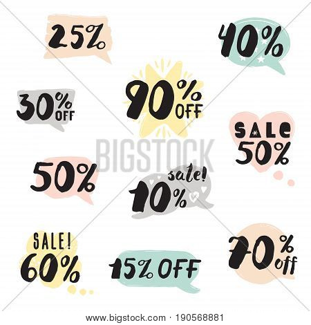 Handwritten ink sale lettering with percent set and pastel colored speech bubbles. Hipster and vintage style.