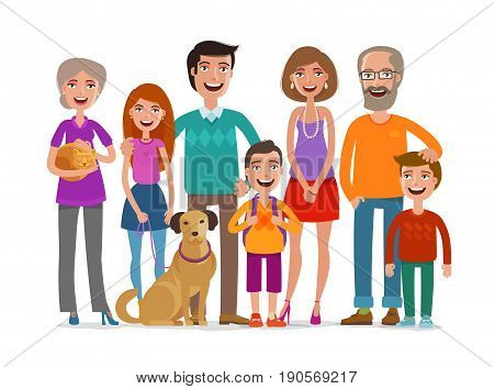 Big happy family. Group of people, parents and children concept. Cartoon vector illustration isolated on white background