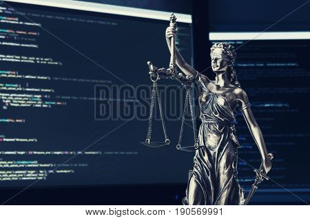 Justice Statue With Code On Screen In Background