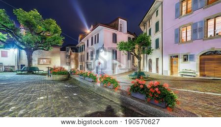 Nightfall in the quiet streets and lanes of Pully just outside Lausanne in Switzerland.