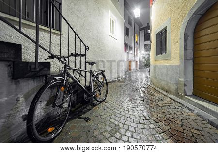 Nightfall in the quiet streets and lanes of Pully just outside Lausanne in Switzerland.