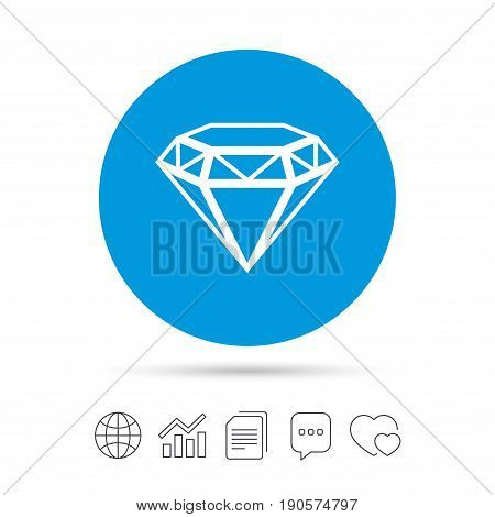 Diamond sign icon. Jewelry symbol. Gem stone. Copy files, chat speech bubble and chart web icons. Vector