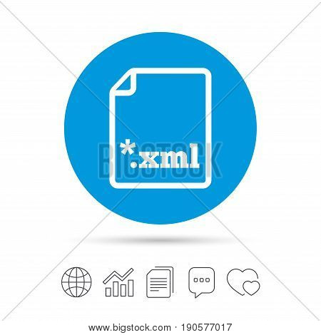 File document icon. Download XML button. XML file extension symbol. Copy files, chat speech bubble and chart web icons. Vector