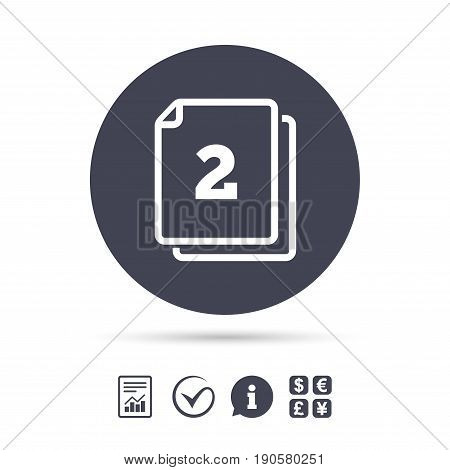 In pack 2 sheets sign icon. 2 papers symbol. Report document, information and check tick icons. Currency exchange. Vector