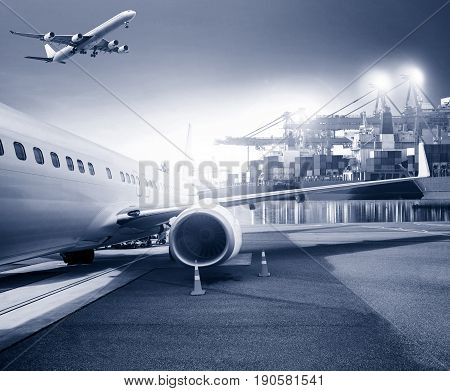 freight cargo plane in airport and container shipping port background for logistic business theme