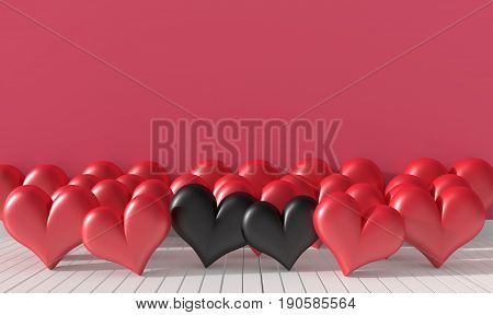 Two dark heart and many red heart in the room. The  walls are decorated with pink bright colors. Rooms of Love on Valentine`s Day. Background and interior. 3D render.