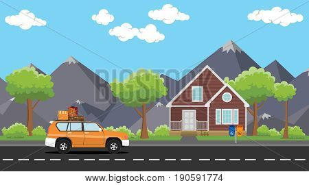 car move with a pack of lot goods on the road with house and tree mountain as background vector