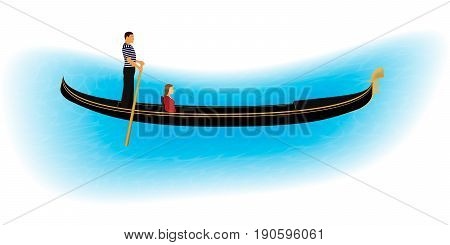 Venice romantic gondolier carries a woman in a gondola. Italian man profession for tourists. Isolated on a white background with part of water. EPS10 vector illustration.