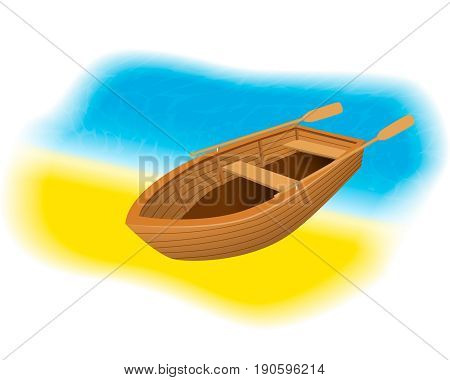 Wood rowboat on the beach. Sailing boat with paddles standing on a sand shore of sea. Vector illustration.
