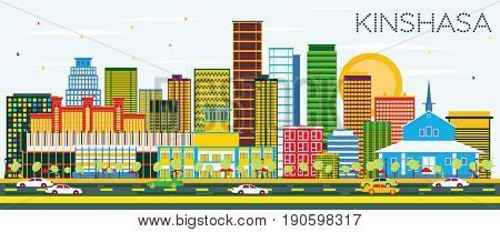 Kinshasa Skyline with Color Buildings and Blue Sky. Business Travel and Tourism Concept with Modern Architecture. Image for Presentation Banner Placard and Web Site.