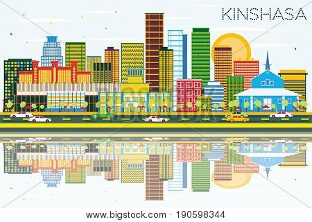 Kinshasa Skyline with Color Buildings, Blue Sky and Reflections. Business Travel and Tourism Concept with Modern Architecture. Image for Presentation Banner Placard and Web Site.