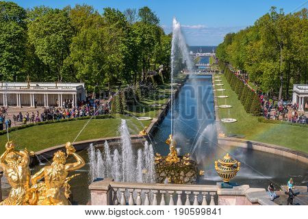 Petergof, Russia - June 5, 2017: The Grand Cascade and Samson Fountain at the Grand Peterhof Palace. These palaces and gardens are sometimes referred as the -Russian Versailles-. Background: The Sea Canal.