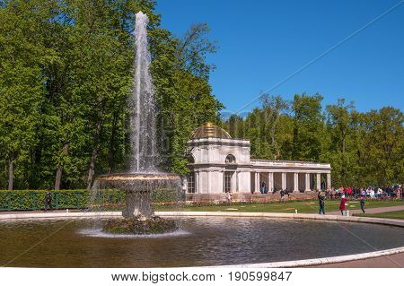 Petergof, Russia - June 5, 2017: Voronikhinsky colonnades at Pertergof Palace. They close the parterres in front of the Great Palace on the north side and accent the entrance to the Sea Canal.