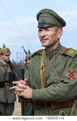 Brusilovsky breakthrough, the historic festival the First world war, Moscow, 2 Oct 2016. Portrait of a soldier of the Russian army.