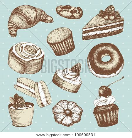 Vector collection of ink hand drawn breads and pastries illustration isolated on mint background for restaurant or bakery menu.