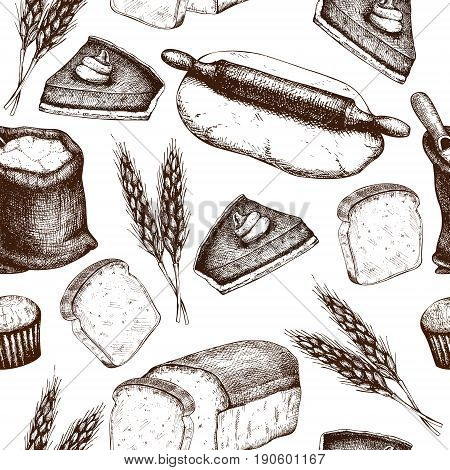 Vector background with ink hand drawn bread illustration isolated on white. Seamless pastry pattern