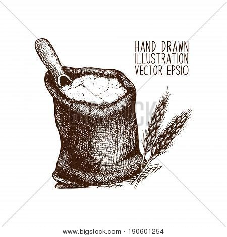 Ink hand drawn bag of flour illustration on white background.
