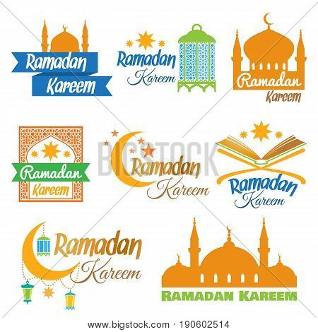 Set of icons for Islamic month of Ramadan. Illustration for muslim holy month Ramadan with mosque, crescent moon, lantern. Vector