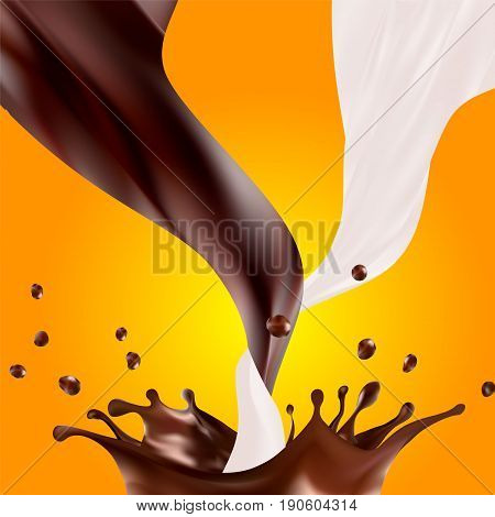 Milk and chocolate splashes cross over, mix and fall, making a crown. Pure two sweet liquid flow and twist in the air. vector 3d illustration. isolated. milkshakes: white and brown wavy fluids.