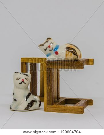 Cat Cerimic On Wooden Bench In The Park Handmade Design Interior Decoration Showcase Bedroom Backyard Collection in Showcase