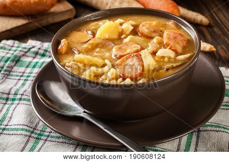 Traditional Polish Split Pea Soup With Sausage, Bacon And Potatoes