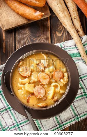 Traditional Polish Split Pea Soup With Sausage, Bacon And Potato