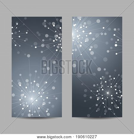 Set of vertical banners. Abstract geometric background with connected lines and dots in a shape of fireworks. Vector illustration.