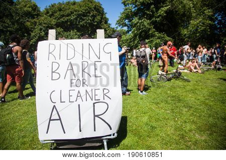 London, UK - June 10 2017: Unidentified participants get ready to start in Hyde park the World Naked Bike Ride 2017, London, UK