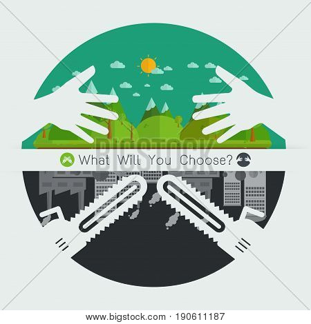 Eco friendly hands hug concept green tree.Environmentally friendly natural landscape. saw blade symbol concept destroy Environmentally .what will you choose concept. Vector illustration