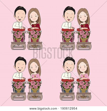 Thai wedding vector cartoon in blessed water traditional ceremony with happy face.