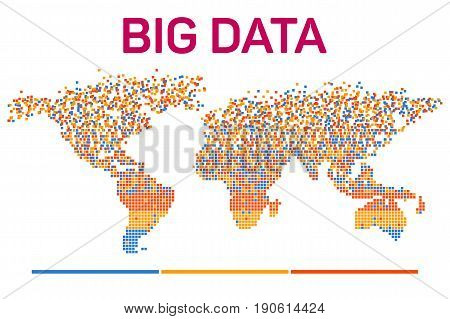Big data visualization with worldmap mosaic template silhouette. Machine learning algorithms. Analysis of information. Visual data infographics design. Science and technology vector background.