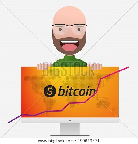 Head of the professor. Bitcoin graph and world map on pc screen. Editable eps10 Vector. Transparent background.