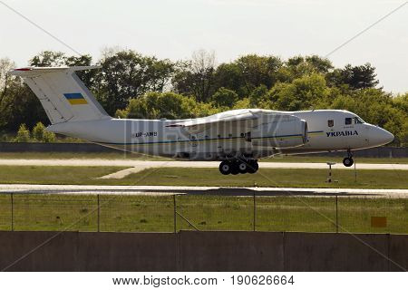 Borispol, Ukraine - May 20, 2017: Ukraine Government Antonov An-74TK-300D aircraft landing on the runway of Borispol International Airport on May 20, 2017. Editorial use only