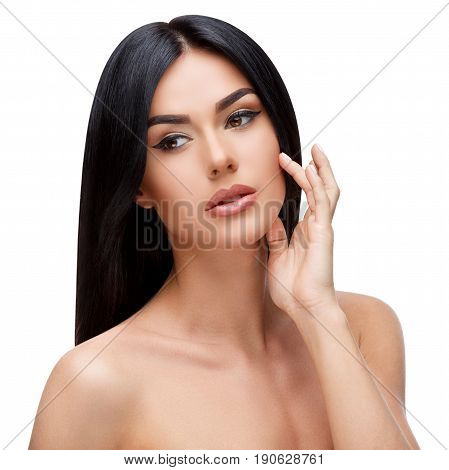 Beautiful Face of Young Woman with Clean healthy hair close up isolated on white. Beauty Portrait. Beautiful Spa Woman. Perfect Fresh Skin. Pure Beauty Model. Youth and Skin Care Concept