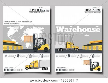 Warehouse banner with forklift truck vector illustration. Cargo logistics and delivery transportation. Yellow forklift truck with box, storehouse building, local or global shipment.