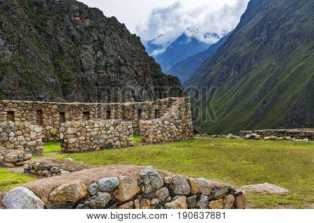 The ruins of Willkaraqay and the surrounding mountains in the Sacred Valley area along the Inca Trail do Machu Picchu in Peru South America
