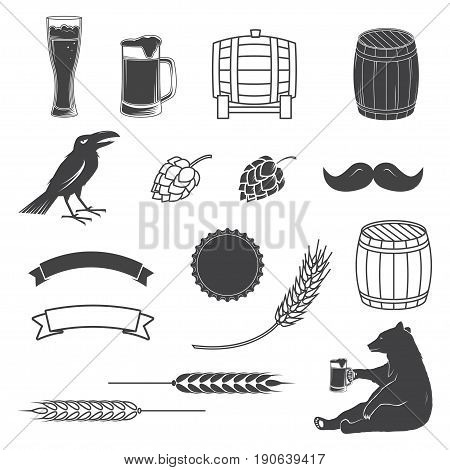 Set of Craft Beer elements isolated on the white background. Vector illustration. Set include hops, bear, beer glasses, barrels and ears of grain.