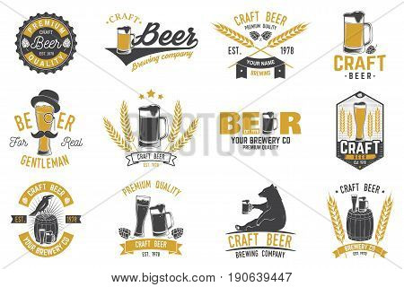 Set of Craft Beer badges with hops, raven and bear. Vector illustration. Vintage design for bar, pub and restaurant business. Coaster for beer.
