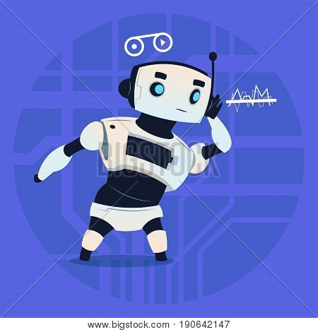 Cute Robot Listeting Modern Artificial Intelligence Technology ConceptFlat Vector Illustration