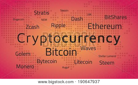 Cryptocurrency top names and world map. Editable eps10 Vector. Transparent background.