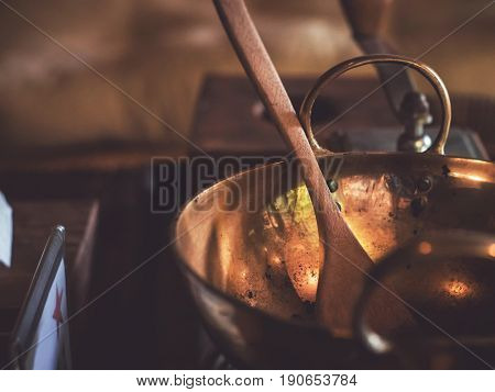 Traditional thai style brass pan a suit of food ware.