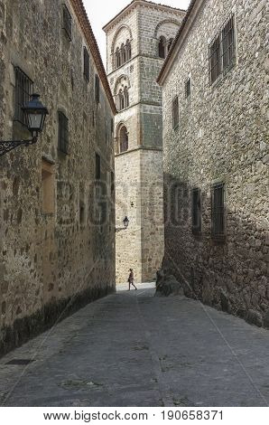 Torre Julia of Church of Santa Maria la Mayor Trujillo Spain. View from downtown street