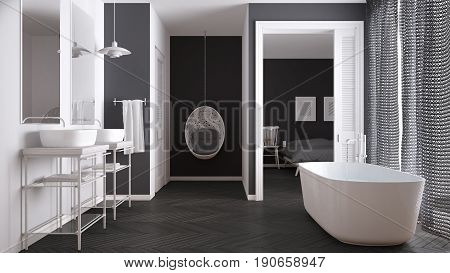 Minimalist white and gray scandinavian bathroom with bedroom in background classic interior design, 3d illustration