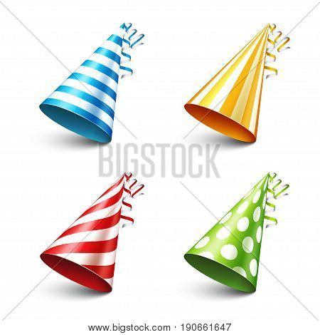 Party shiny hat with ribbon. Holiday decoration.Celebration.Birthday.Vector illustration on white background. Set.