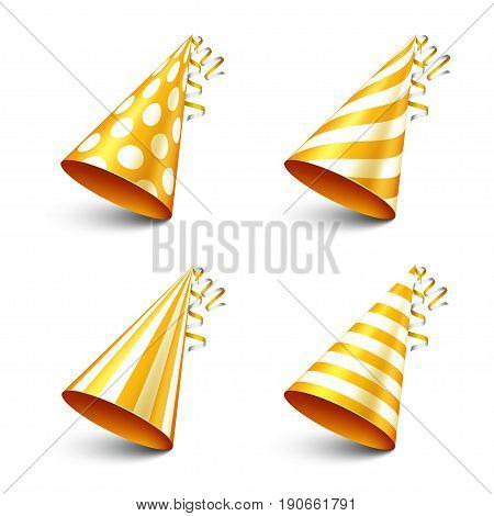 Party shiny hat with ribbon. Holiday decoration.Celebration.Birthday.Vector illustration on white background. Set.
