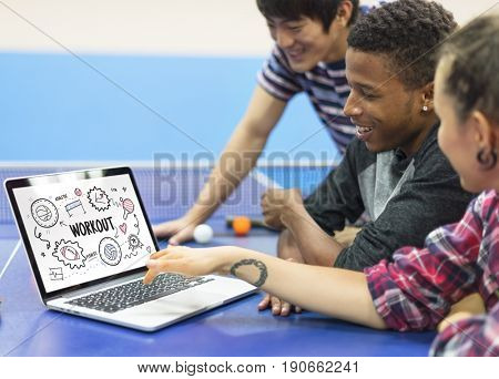 Students working on laptop network graphic overlay